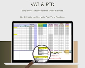 Könnte beinhalten: Ein Laptop-Bildschirm zeigt eine Excel-Tabelle mit einer Lupe, die einen Abschnitt mit der Bezeichnung "Mehrwertsteuer" hervorhebt. Die Tabelle ist so konzipiert, dass sie automatisch die Mehrwertsteuer und RTD für kleine Unternehmen berechnet. Der Text "Mehrwertsteuer automatisch verfolgen" ist auf dem Bildschirm sichtbar. Der Text "PERFEKT FÜR KLEINE UNTERNEHMEN, DIE DIE MEHRWERTSTEUER VERFOLGEN!" wird unter dem Laptop angezeigt.