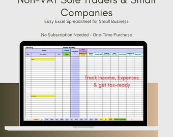 May include: A laptop computer screen displaying a spreadsheet template for tracking income and expenses. The spreadsheet is titled "Money Monkey" and is designed for non-VAT sole traders and small companies. The text "Track Income, Expenses & get tax-ready" is displayed on the spreadsheet. The text "PERFECT FOR TRACKING SMALL BUSINESS EXPENSES!" is displayed below the laptop.