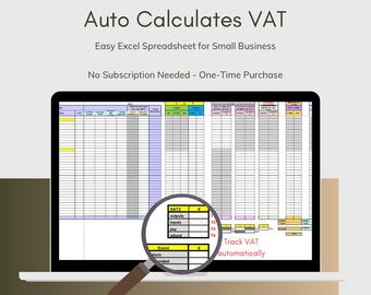 Könnte beinhalten: Ein Laptop-Bildschirm zeigt eine Excel-Tabelle mit dem Titel "Auto Calculates VAT". Die Tabelle ist so konzipiert, dass kleine Unternehmen ihre Mehrwertsteuer automatisch verfolgen können. Der Text "No Subscription Needed - One-Time Purchase" ist ebenfalls auf dem Bildschirm zu sehen.