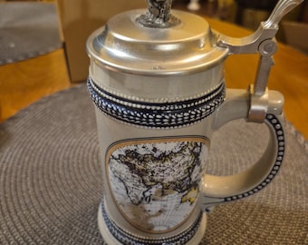 West german pottery world map beer stein. Brand new in. Original box