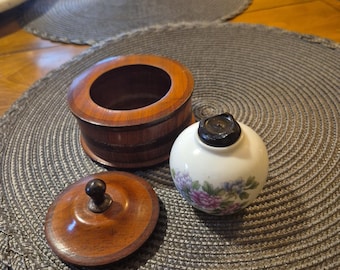 Small handmade wooden jewelry or trinket box and small porcelain jar