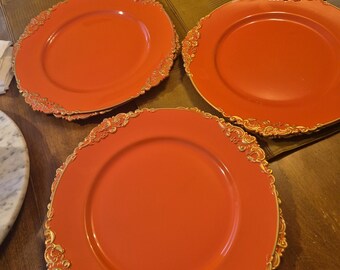 Set of 6 Maoname orange color charger plates brand new and original box 13 inch diameter with gold floral designs