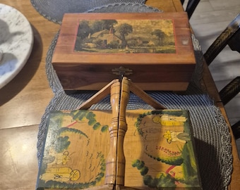 Vintage foldout sewing box and wood jewelry box