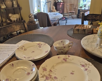 9 pieces of haviland limoges france replacement plates and cups. Porcelain purple violet flower design
