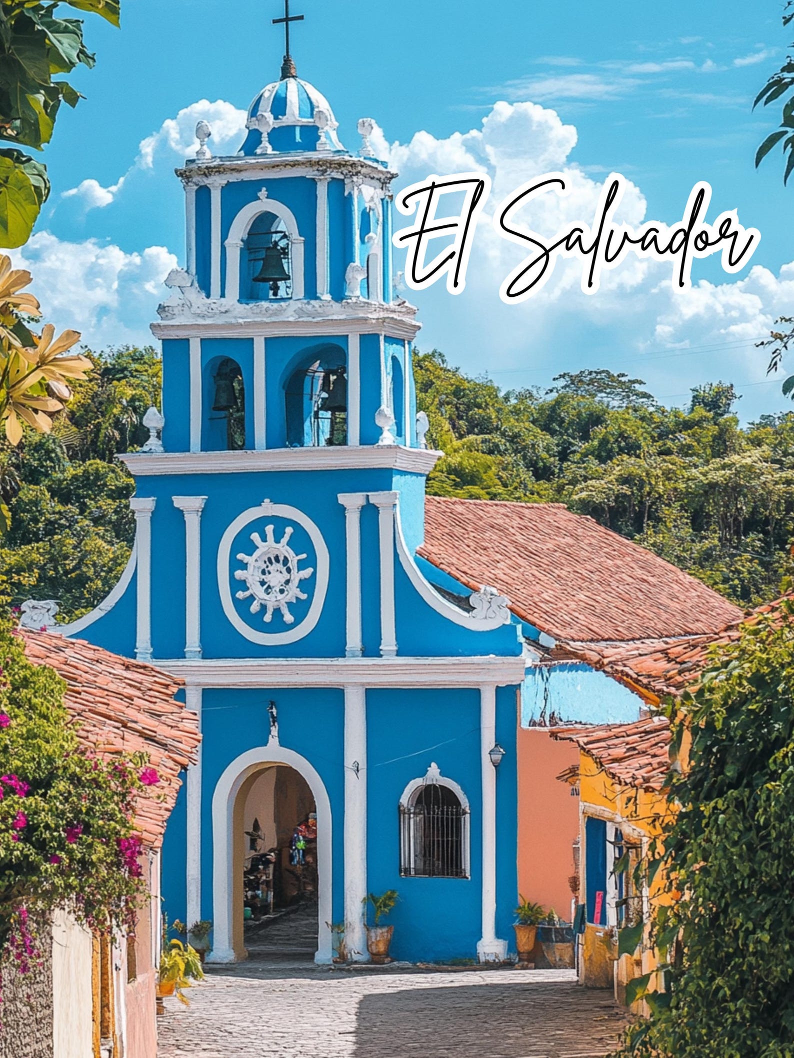 El Salvador Colonial Church Art Print Vibrant Blue Architecture Wall el-salvador-colonial-church-art-print-vibrant-blue-architecture-wall