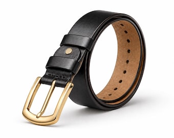 mens black dress belt with gold buckle Handmade Leather for Men, Classic Belt Color:Show as picture