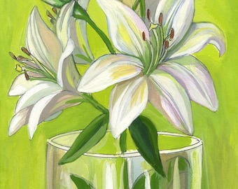Watercolor White Lilies Art Print: Floral Bouquet Still Life (Digital Download)