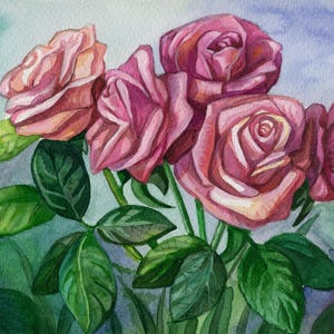 Stampa artistica acquerello di rose rosa – Decorazione floreale romantica da parete – Download digitale