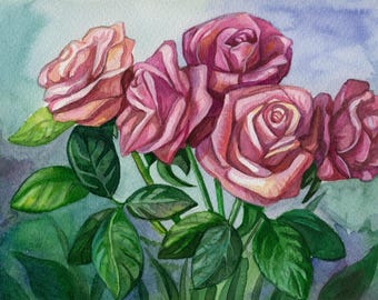 Lámina artística digital de acuarela de rosas rosas – Decoración floral romántica para pared – Descarga digital