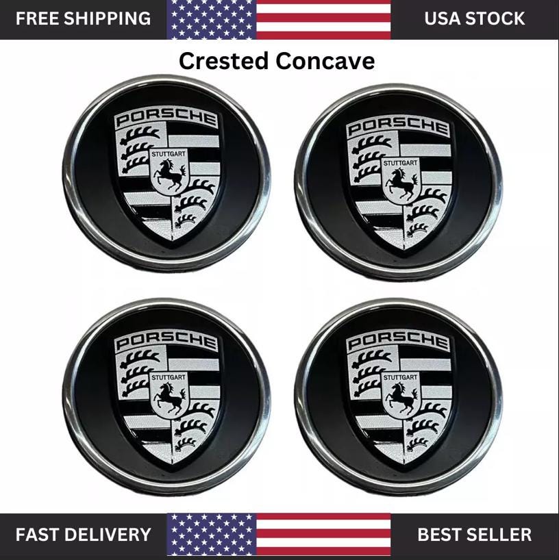 4 Pack Black Crested Concave Porsche  Wheel Center Cap 76 MM