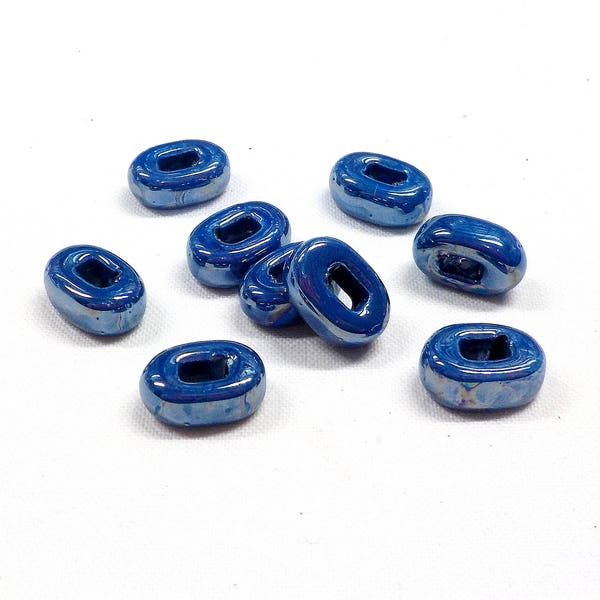 Ceramic Bead Tube Slider, Blue Ceramic Beads, Iridescent Oil On Water Ceramic Beads, Enameled Ceramic Beads, 5x12mm (Ø 4x2.5mm) - 3 pcs