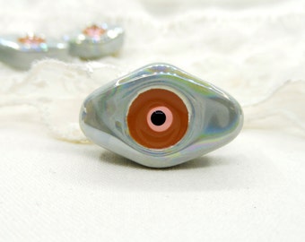 Rhombus Ceramic Bead, Greek Enameled Ceramic Slider, Evil Eye Bead, Good Luck Symbol, Blue Green Iridescent, 15x24mm (Hole 2mm) - 1 piece