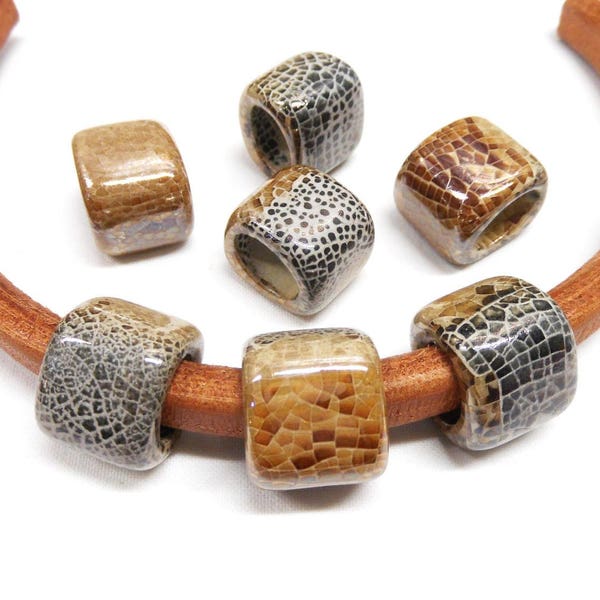 Ceramic Bead Tube Slider for Oval Cord, Grey Caramel Crackle Ceramic Cube, Enameled Ceramic Bead for Oval Licorice Leather 10x6mm - 1 pc