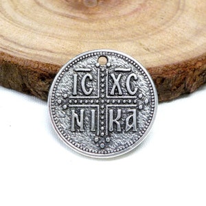 999 Silver Plated Round Cross Pendant, Constantine Coin Pendant, Byzantine Cross, Christian Pendant, Greek Disc ICXC NIKA 22mm - 1 pcs