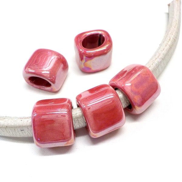 Ceramic Bead Tube Slider for Oval Cord, Coral Pink Ceramic, Iridescent Oil On Water Ceramic for Licorice Oval Cord 10x6mm - 1 piece