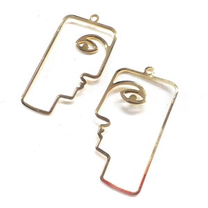 Gold Plated Face Pendant, Face Charm, Abstract Face Pendant, Face Earrings, Face Necklace, Brass People Pendant, 22x37mm - 1 piece