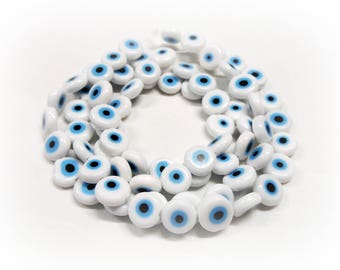 Grand mauvais oeil perles plates, blanc, bonne chance, Protection perles, verre perles rondes 10mm, trou de 1,2 mm - 5 pièces