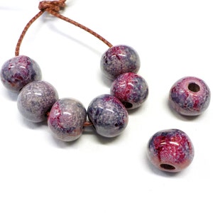 Round Ceramic Beads, Handmade Enameled Ceramic, Glazed Greek Ceramic, Organic Round Large Ceramic Beads, Pink Purple Grey 14x18mm - 2 pieces