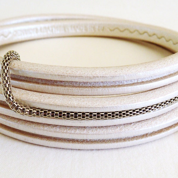 Licorice Pearl White Metallic White Oval Leather Cord 6.8x9.8mm with Groove, Greek leather Cord, 7 1/2 inches/19cm - 1 piece