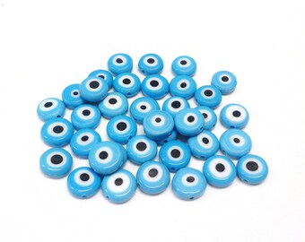 Grandes perles plates evil eye, perles de verre bleu clair, perles de bonne chance, perles de protection, perles rondes en verre 10mm, trou 1.2mm - 5 pièces