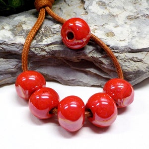 Round Ceramic Beads, Handmade Enameled Ceramic, Glazed Greek Ceramic, Organic Round Ceramic Beads, Red Iridescent 14x18mm - 2 pcs