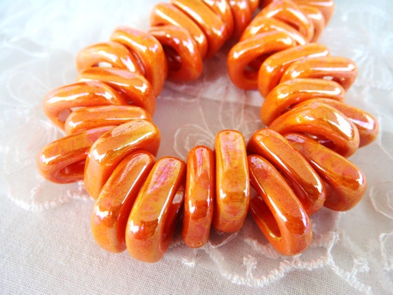 Ceramic Bead Tube Slider Orange Iridescent, Oil On Water for use Licorice Leather, Braided Leather and Rubber Cord 10x6mm - 2 pieces