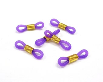 Adjustable Eyeglass Holder Ends, Purple Rubber Silicon Grips with Gold Coils, Replacement Loops for Glasses Chains, Rubber Parts - 10 pcs