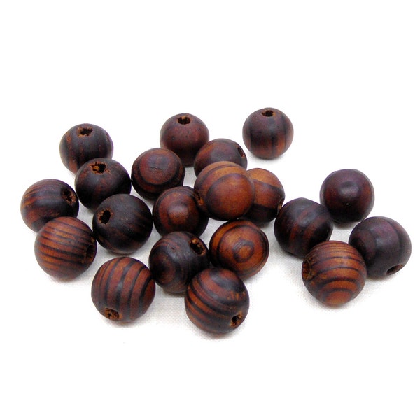 Perles rondes en bois marron, perles en bois marron avec des rayures, perles en bois marron, 14mm (Ø 3,5 mm)-15 pièces