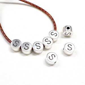 Letter Bead S, Round Spacer Bead, Silver Plated Initial Slider, Alphabet Initial Letter, Charm Bead 7x4.4mm (Ø 1.8mm) - 4 pieces