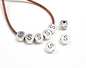 Letter Bead S, Round Spacer Bead, Silver Plated Initial Slider, Alphabet Initial Letter, Charm Bead 7x4.4mm (Ø 1.8mm) - 4 pieces
