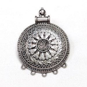 Large Tribal Mandala Pendant, Silver Round Ethnic Pendant, Folk Boho Floral Pendant, Large Medallion Pendant, 5 Loops, 80mm - 1 piece