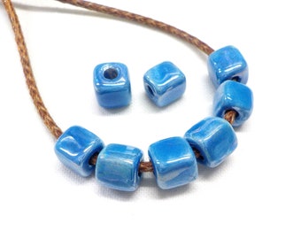 Blue Ceramic Cube, Handmade Enameled Square Ceramic Beads, Glazed Greek Ceramic, Cube Ceramic Slider 6.5mm (Ø 2.1mm) - 4 pieces