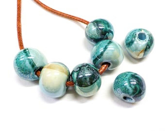 Round Ceramic Beads, Handmade Enameled Ceramic, Glazed Greek Ceramic, Organic Round Large Ceramic Beads, Blue Green Multi 14x18mm - 2 pcs