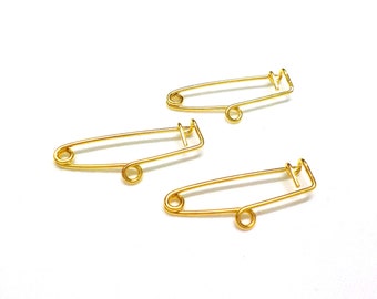 Gold Plated over Brass One Loop Safety Pin Brooch, 1 Hook Safety Pin Brooch, Charm Holder, 25x0.8mm - 5 pieces