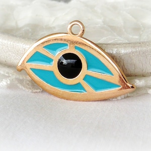 Rose Gold Plated Evil Eye with Enamel Accent in Turquoise, Rose Gold Metal Evil Eye Charm Pendant, Good Luck Large Pendant 35x18mm - 1 piece