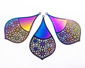 Stainless Steel Filigree Pendant Drop, Rainbow Daisies Flower Pendant, Multicolor Gradient Pendant, Lightweight Pendant 56x35mm - 1 piece