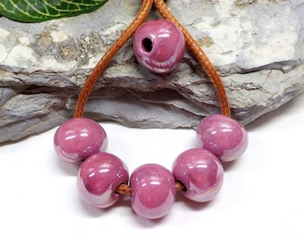 Round Ceramic Beads, Handmade Enameled Ceramic, Pink Glazed Greek Ceramic, Organic Round Ceramic Beads, Fuchsia Iridescent 14x18mm - 2 pcs