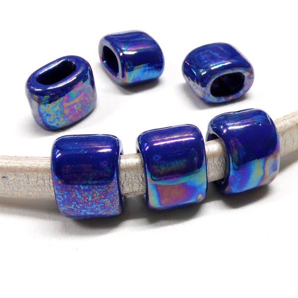 Ceramic Bead Tube Slider Royal Blue, Cobalt Blue Iridescent, Oil On Water for use Oval Licorice Leather Cord 10x6mm - 1 piece