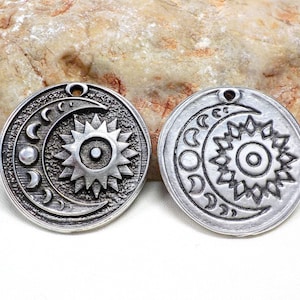 Silver Plated Sun Moon Pendant, Round Double Sided Pendant, Coin Pendant, Boho Disc Pendant, Ethnic Pendant, Sun Moon Medallion, 30mm - 1 pc