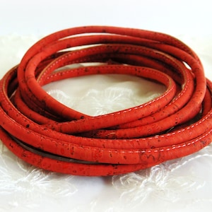 Cork Cord, Vegan Round Cork Cord, Coral Red Cork Cord, 4,5mm - 7 1/2 inches/19cm - 1 piece