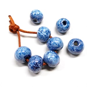 Round Ceramic Beads, Handmade Enameled Ceramic, Glazed Greek Ceramic, Organic Round Large Ceramic Beads, Sea Blue 14x18mm - 2 pcs