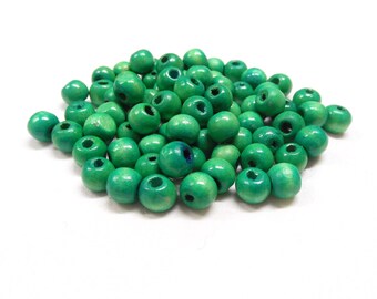 Perles en bois rondes vert turquoise, Boules en bois vertes, Perles en bois vert, Boules en bois vert, 8 x 7 mm/ Ø 2,5 mm - 50 pcs
