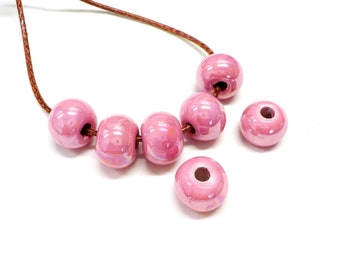 Baby Pink Round Ceramic Beads, Handmade Enameled Ceramic, Glazed Greek Ceramic, Organic Round Large Ceramic Beads 13x11mm (Ø 3mm) - 2 pcs