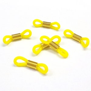 Adjustable Eyeglass Holder Ends, Yellow Rubber Silicon Grips with Gold Coils, Replacement Loops for Glasses Chains, Rubber Parts - 10 pcs