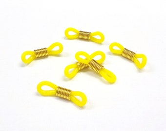 Adjustable Eyeglass Holder Ends, Yellow Rubber Silicon Grips with Gold Coils, Replacement Loops for Glasses Chains, Rubber Parts - 10 pcs