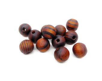 Brown Round Wooden Beads, Brown Wooden Beads with Stripes, Brown Wood Beads, 16mm/ Ø 4mm - 10 pcs