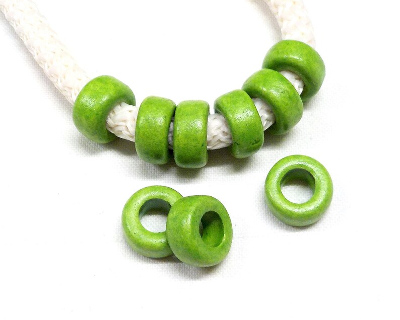 Greek Ceramic Pony Beads, Spacer Beads, Large Hole Tube Beads, Ceramic Slider, Green Matte Finish 10x6mm Ø 5mm 15 pieces image 1