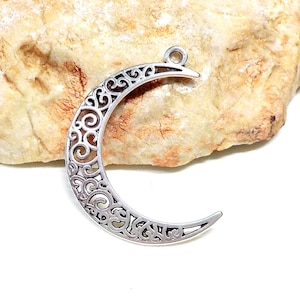 Silver Plated Filigree Crescent Moon Pendant, Half Moon Pendant, Celestial Pendant, Ethnic Moon Necklace, Boho Moon Earrings, 30x36mm - 1 pc