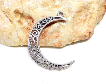 Silver Plated Filigree Crescent Moon Pendant, Half Moon Pendant, Celestial Pendant, Ethnic Moon Necklace, Boho Moon Earrings, 30x36mm - 1 pc