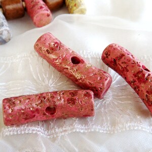 Inlay Pink Ceramic Beads, Ceramic Curved Bars, Handmade Greek Ceramic Beads 30x9mm, Hole 3mm - 2 pieces